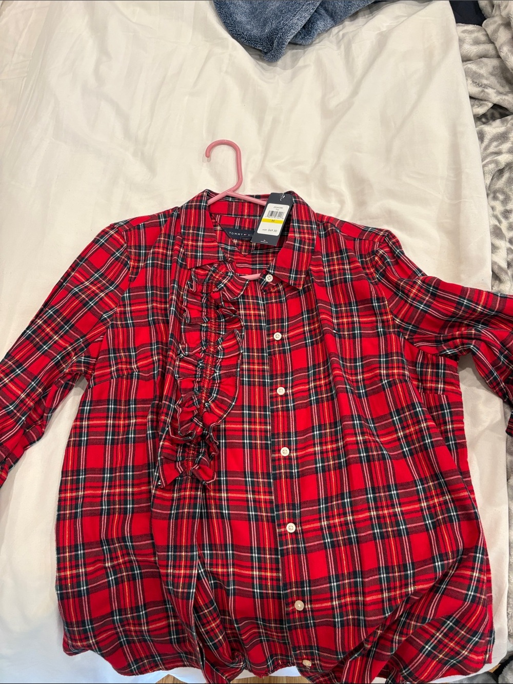 Tommy Hilfiger Women’s ' Red Plaid Ruffle-Front Button Shirt
